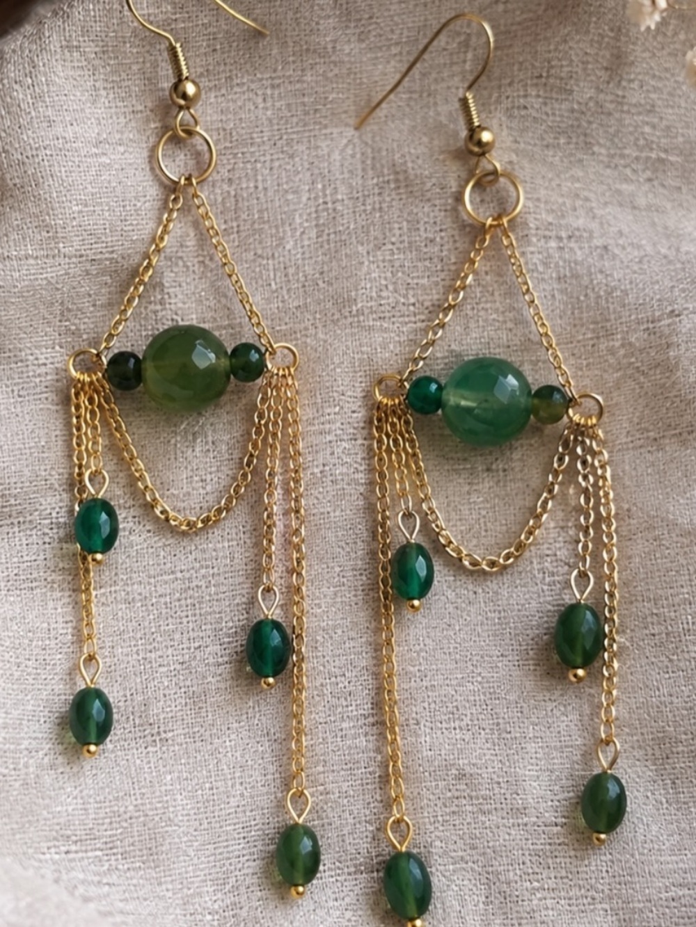 Handmade Gold Green Beaded Dangle Earrings by